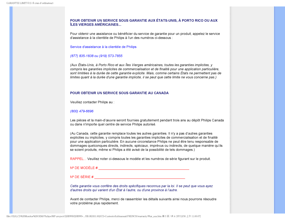 Philips 220BW9 user manual Pour Obtenir UN Service Sous Garantie AU Canada 