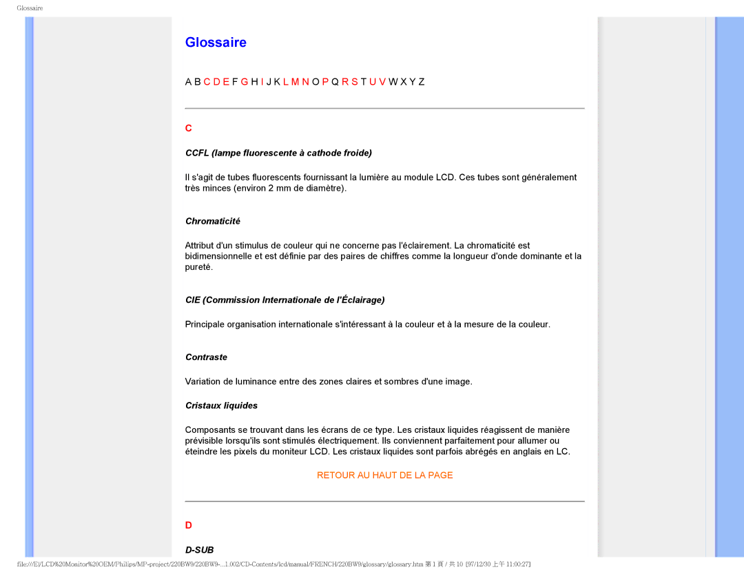 Philips 220BW9 user manual Glossaire, C D E F G H I J K L M N O P Q R S T U V W X Y Z 