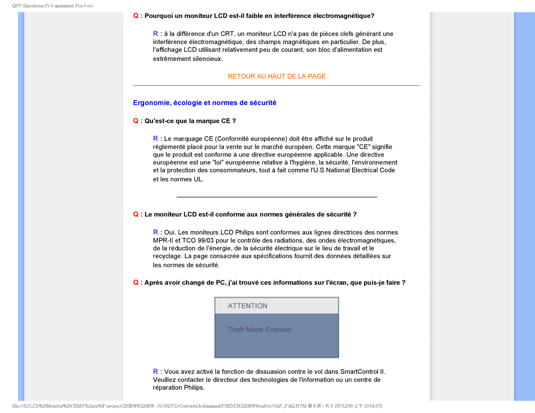 Philips 220BW9 user manual Ergonomie, écologie et normes de sécurité, Quest-ce que la marque CE ? 