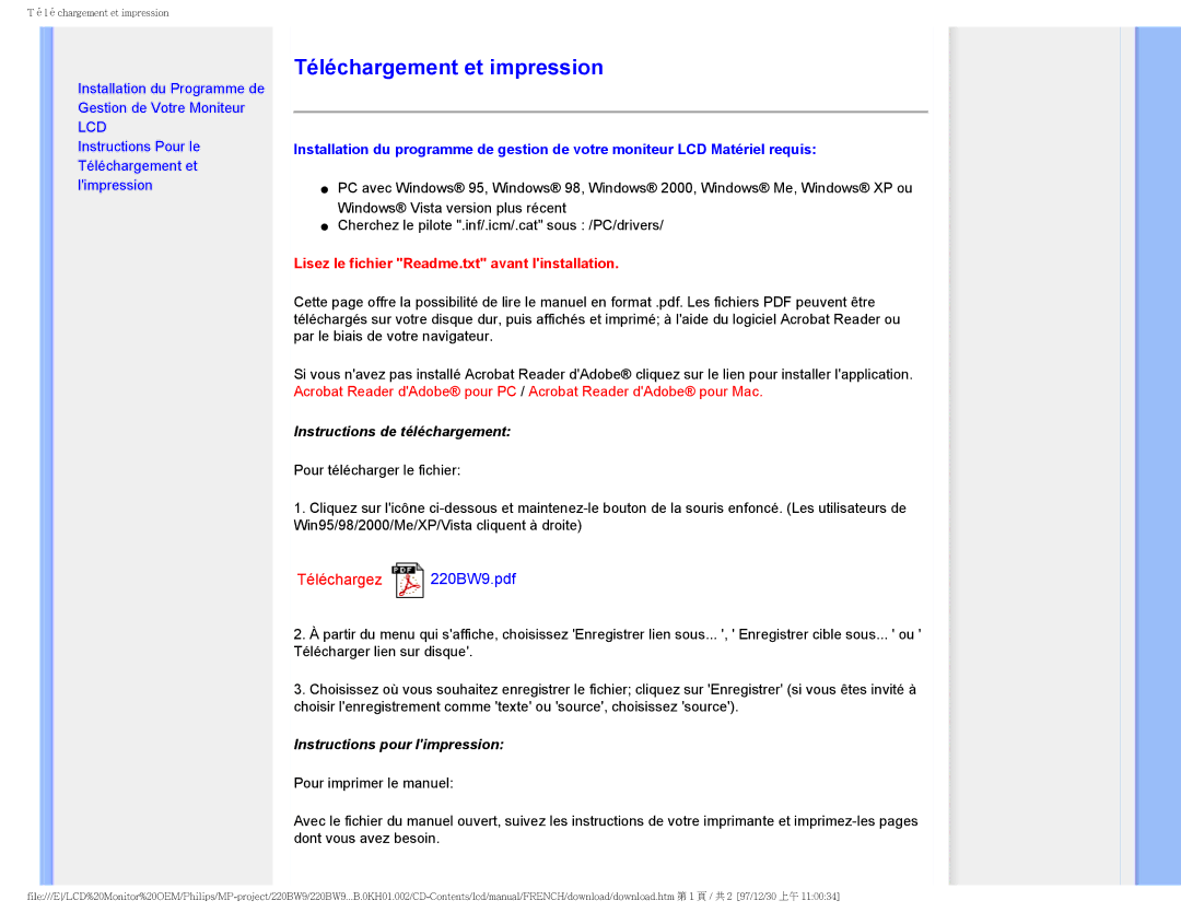 Philips 220BW9 user manual Téléchargement et impression, Lisez le fichier Readme.txt avant linstallation 