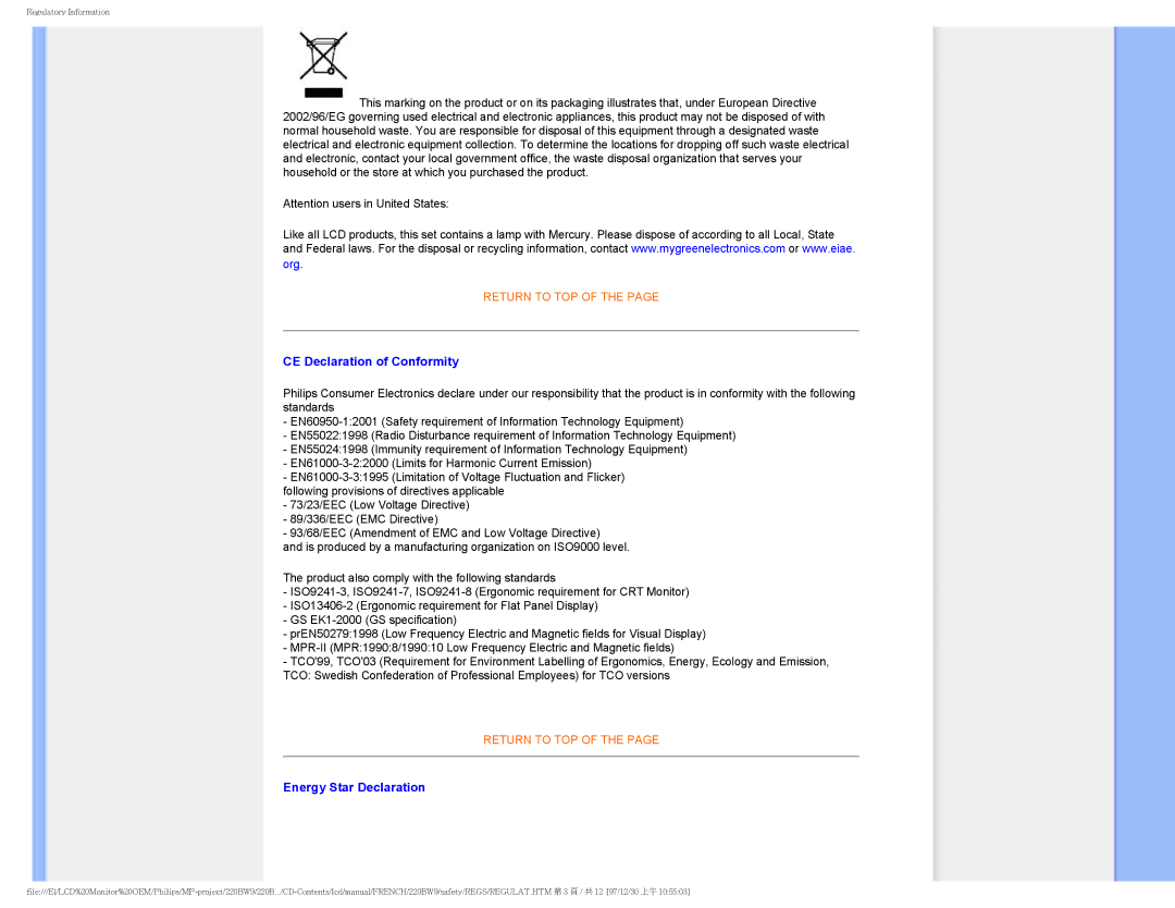 Philips 220BW9 user manual CE Declaration of Conformity 