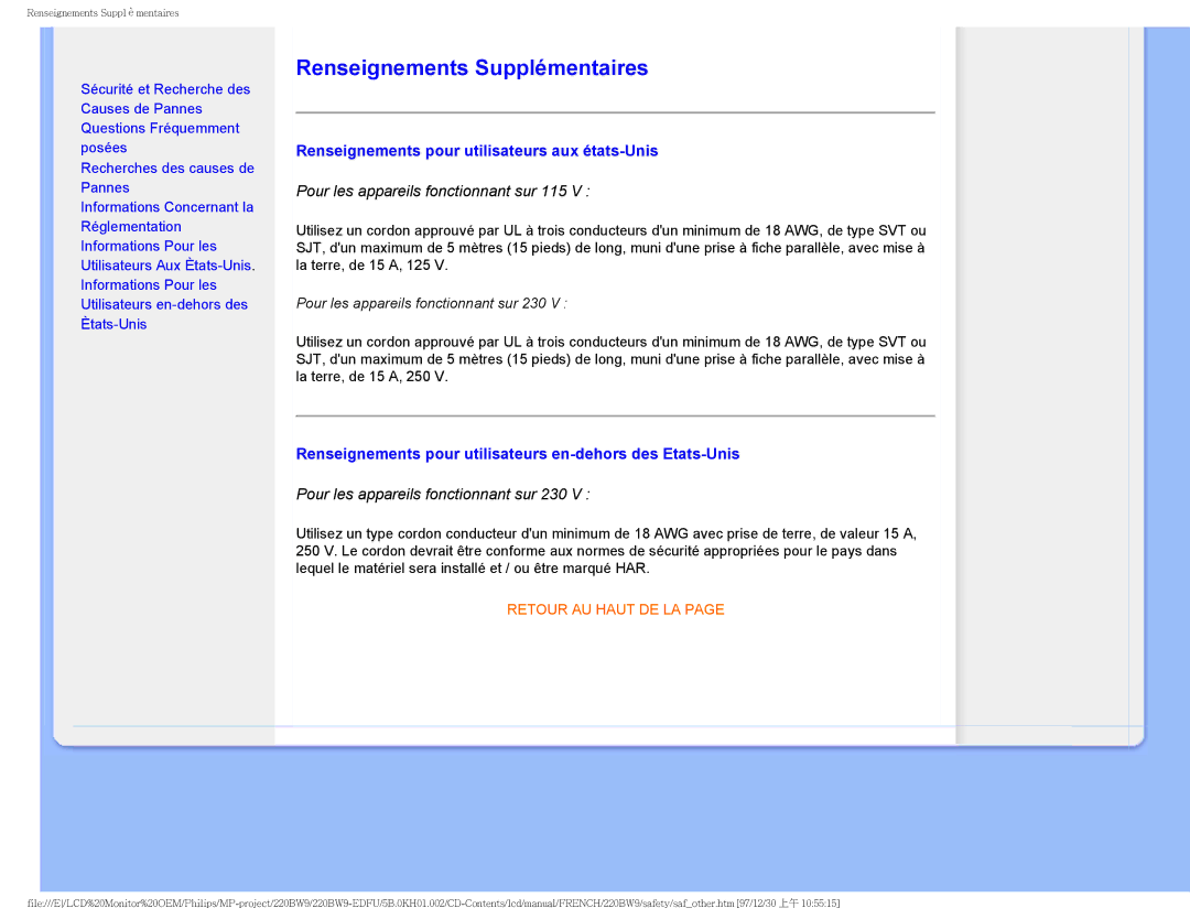 Philips 220BW9 user manual Renseignements Supplémentaires, Renseignements pour utilisateurs aux états-Unis 