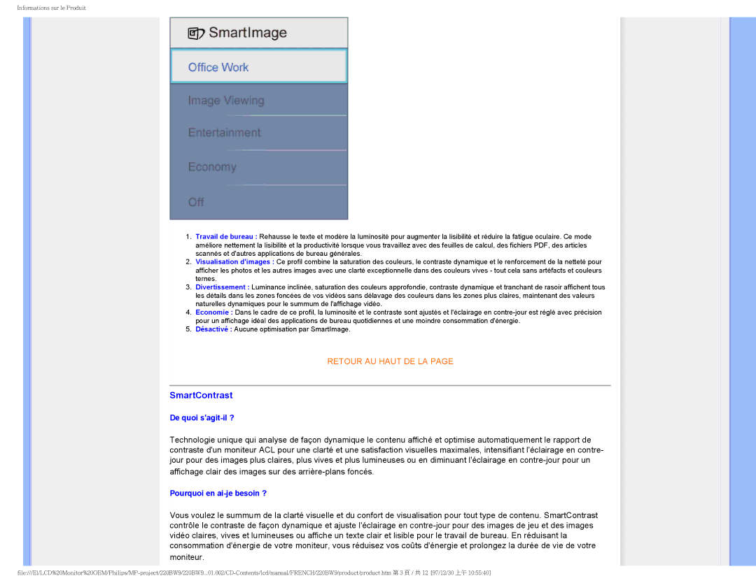 Philips 220BW9 user manual SmartContrast, De quoi sagit-il ? 