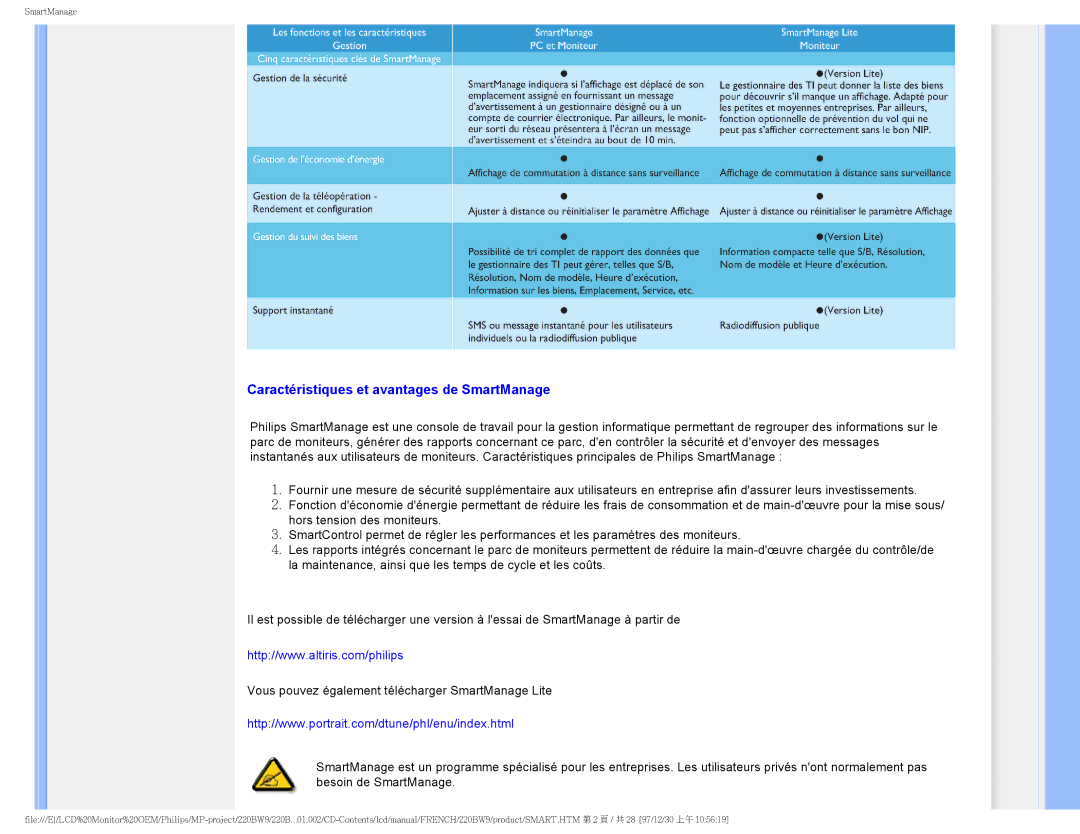 Philips 220BW9 user manual Caractéristiques et avantages de SmartManage 