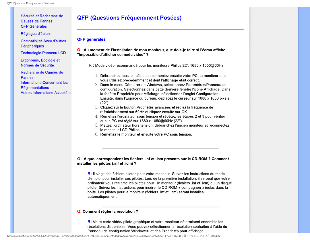 Philips 220BW9 user manual QFP Questions Fréquemment Posées, QFP générales, Comment régler la résolution ? 