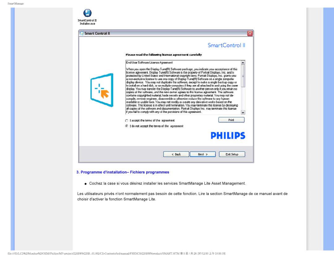 Philips 220BW9 user manual Programme dinstallation- Fichiers programmes 