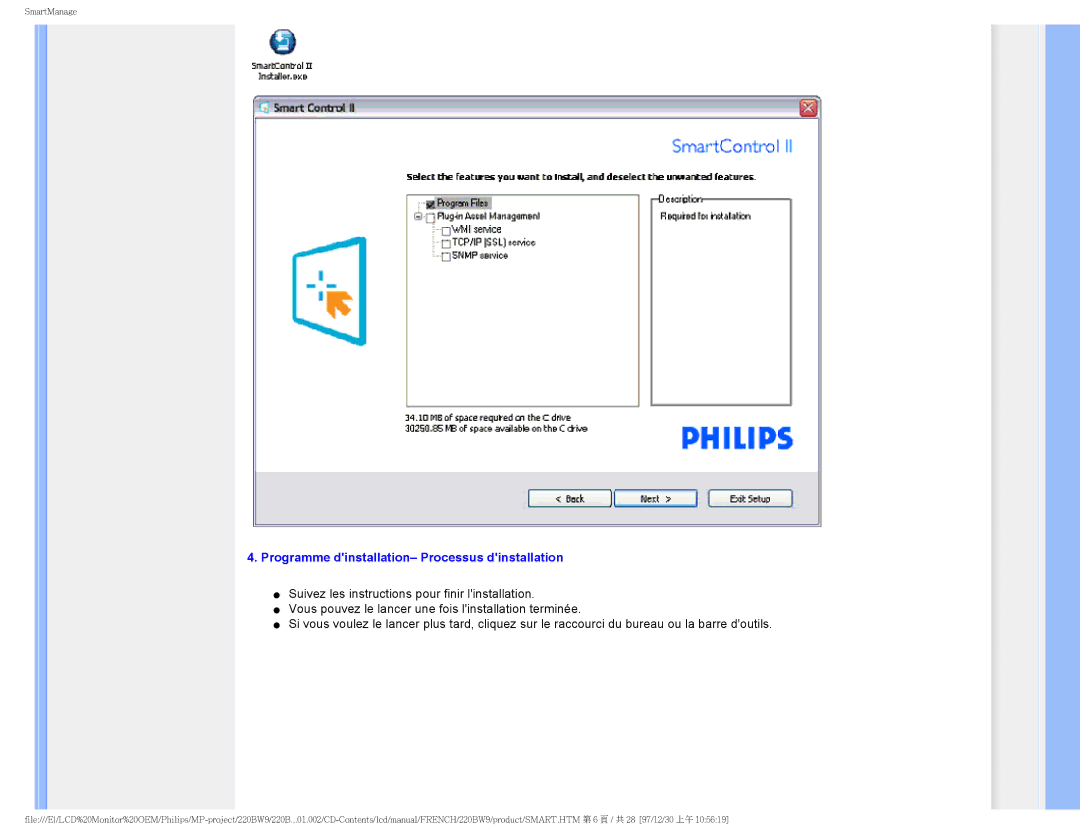 Philips 220BW9 user manual Programme dinstallation- Processus dinstallation 