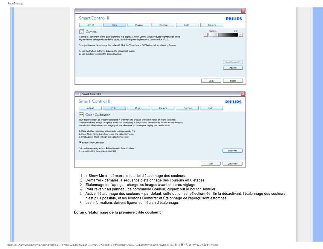 Philips 220BW9 user manual Écran d’étalonnage de la première cible couleur 