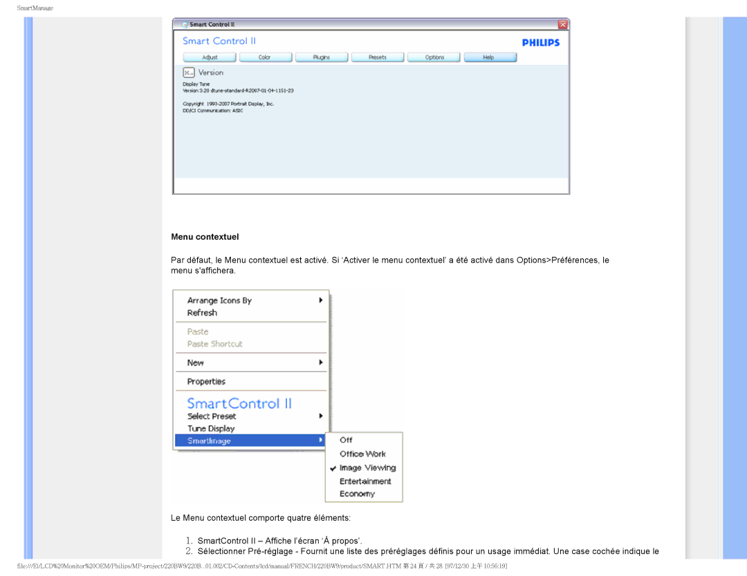 Philips 220BW9 user manual Menu contextuel 