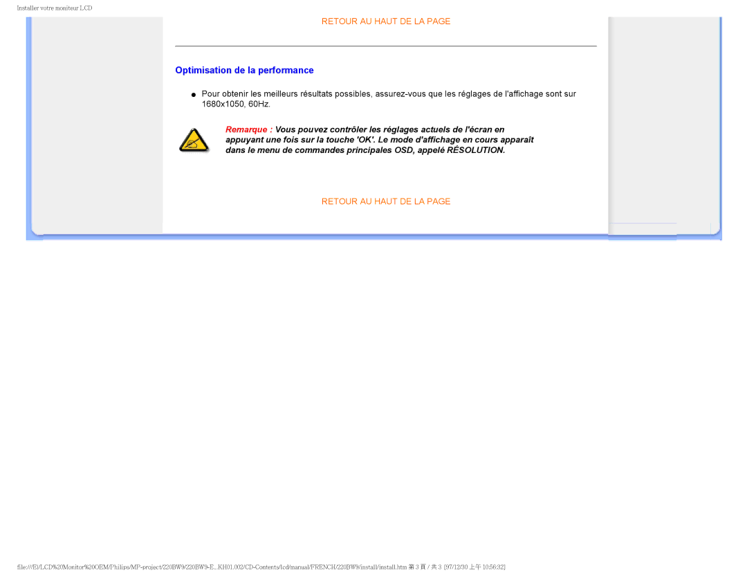 Philips 220BW9 user manual Optimisation de la performance 