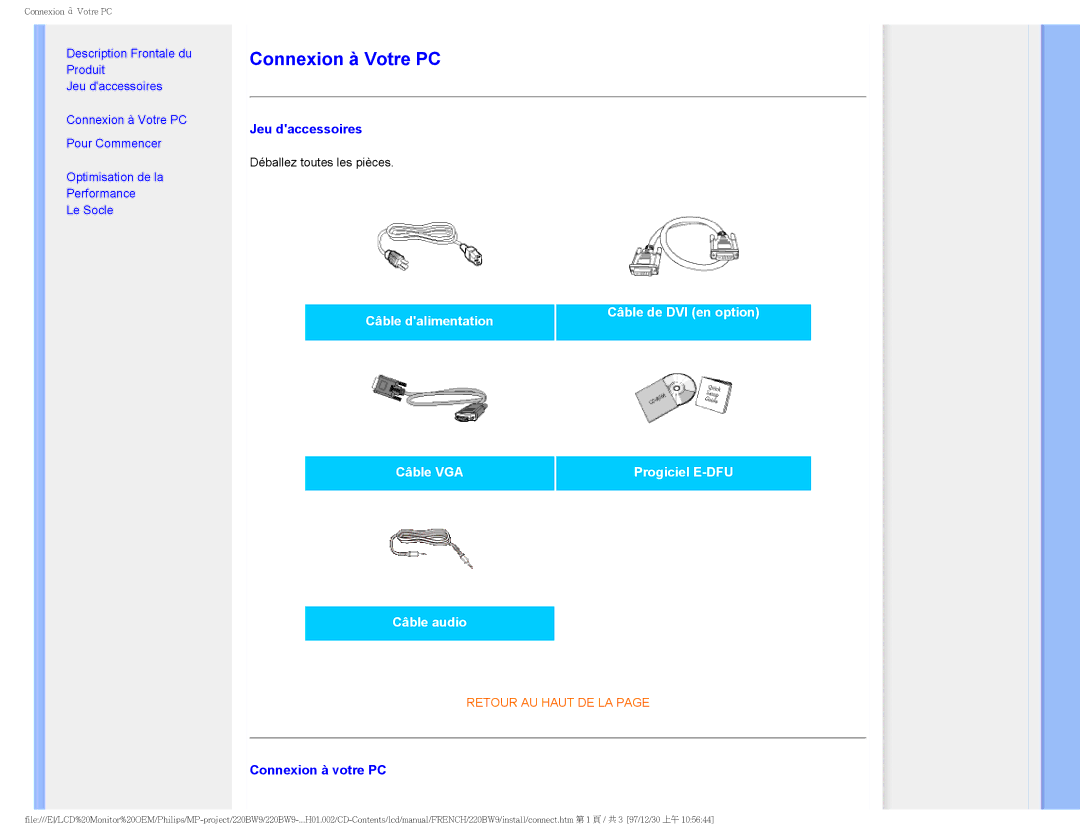 Philips 220BW9 user manual Jeu daccessoires, Connexion à votre PC 
