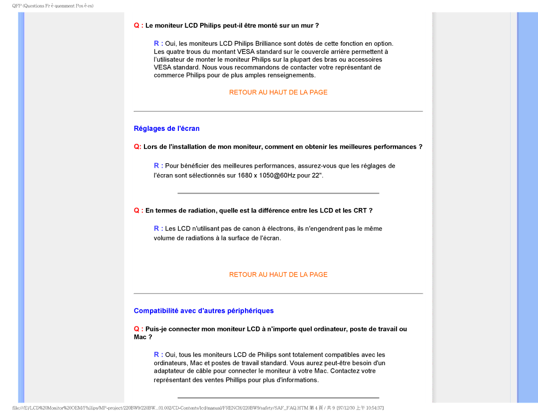 Philips 220BW9 user manual Réglages de lécran, Compatibilité avec dautres périphériques 