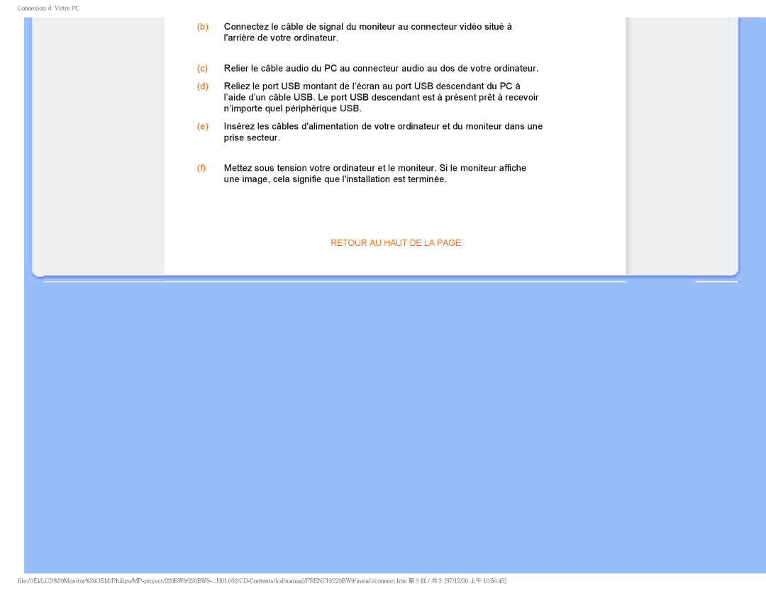Philips 220BW9 user manual Retour AU Haut DE LA 