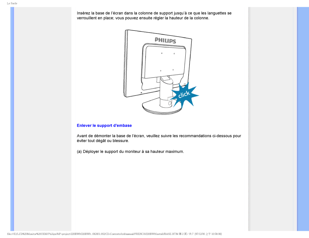 Philips 220BW9 user manual Enlever le support dembase 