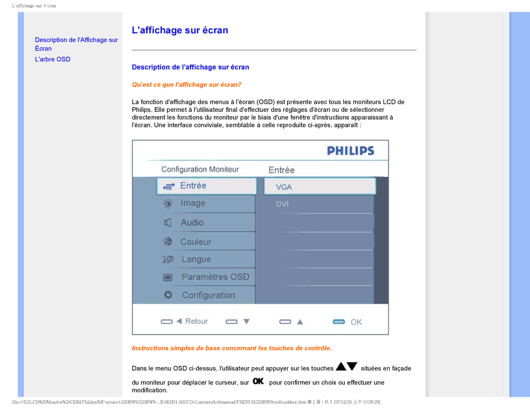 Philips 220BW9 user manual Laffichage sur écran, Description de laffichage sur écran 