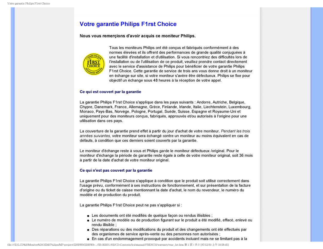 Philips 220BW9 user manual Votre garantie Philips F1rst Choice, Nous vous remerçions davoir acquis ce moniteur Philips 