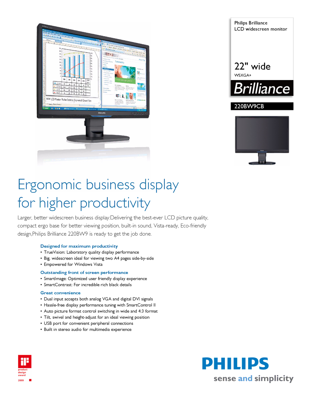 Philips 220BW9CB/27 manual Designed for maximum productivity, Outstanding front of screen performance, Great convenience 