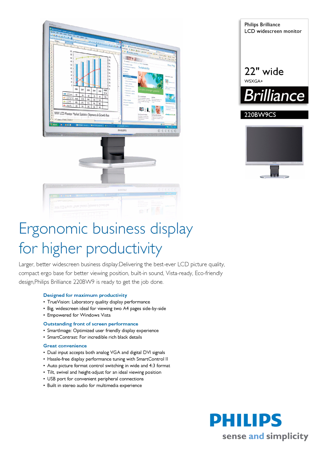 Philips 220BW9CS/00 manual Designed for maximum productivity, Outstanding front of screen performance, Great convenience 