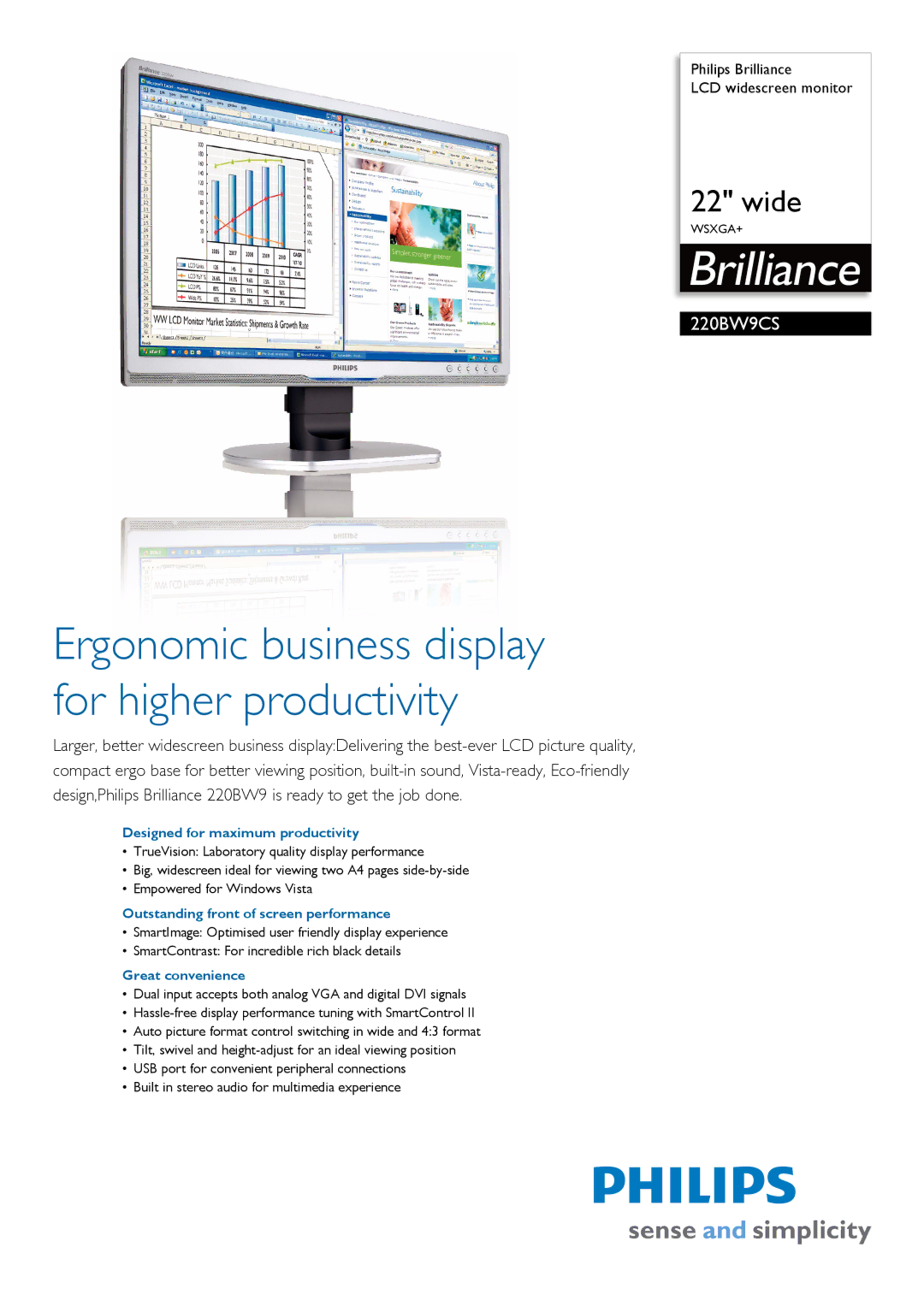 Philips 220BW9CS/05 manual Designed for maximum productivity, Outstanding front of screen performance, Great convenience 