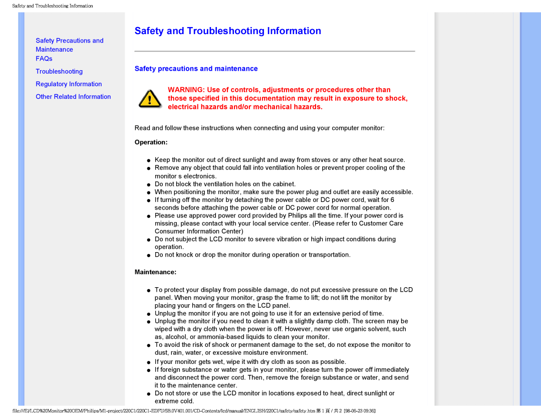 Philips 220C1 Safety and Troubleshooting Information, Safety precautions and maintenance, Operation, Maintenance 