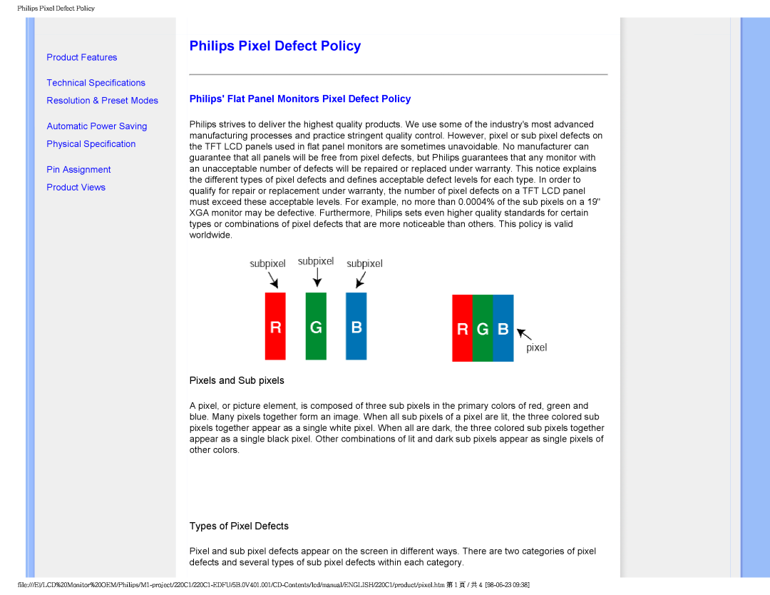 Philips 220C1SW/00 user manual Philips Pixel Defect Policy, Philips Flat Panel Monitors Pixel Defect Policy, Product Views 