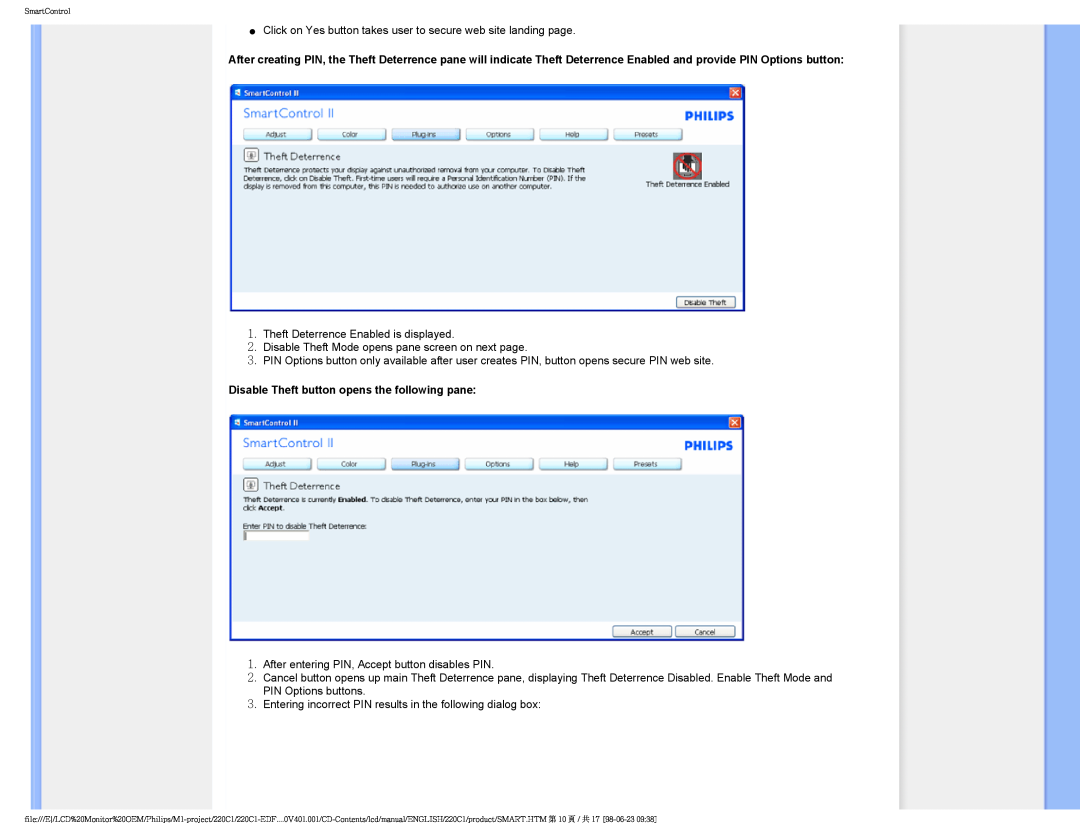 Philips 220C1SW/00 user manual Disable Theft button opens the following pane 