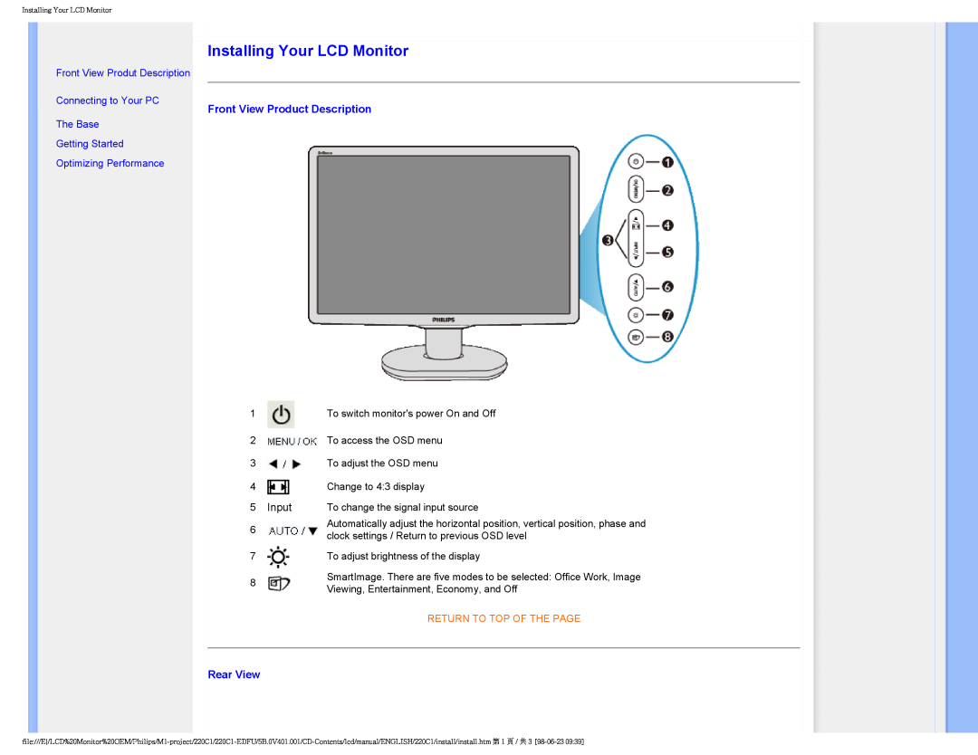 Philips 220C1 user manual Installing Your LCD Monitor, Front View Product Description, Rear View, Return To Top Of The Page 