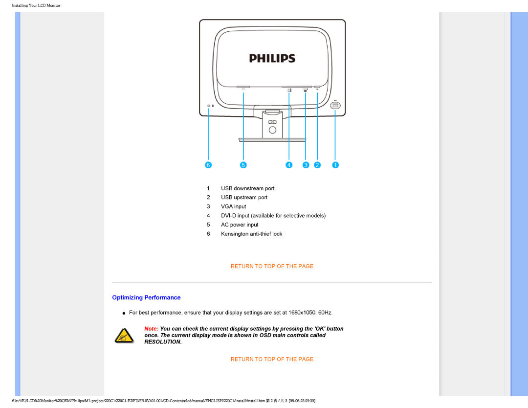 Philips 220C1SW/00 user manual Optimizing Performance, Return To Top Of The Page, Resolution 