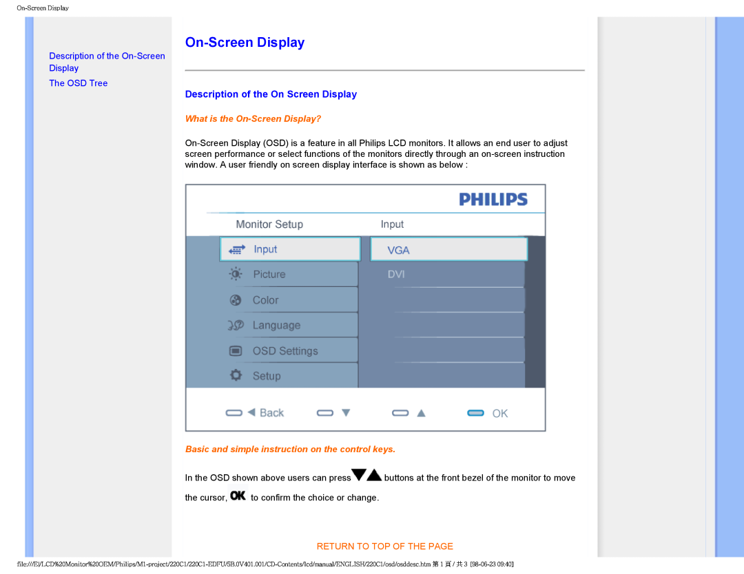 Philips 220C1SW/00 Description of the On Screen Display, What is the On-Screen Display?, Return To Top Of The Page 