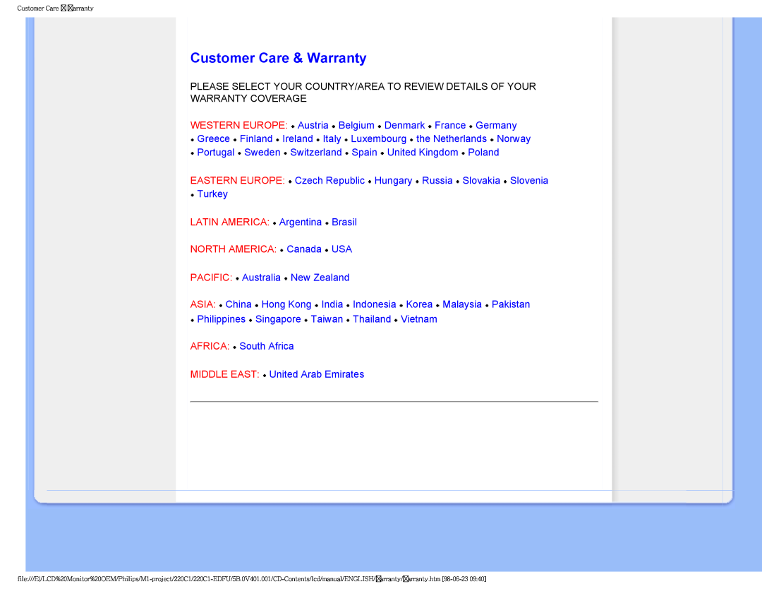 Philips 220C1SW/00 user manual Customer Care & Warranty, NORTH AMERICA Canada USA, Warranty Coverage 