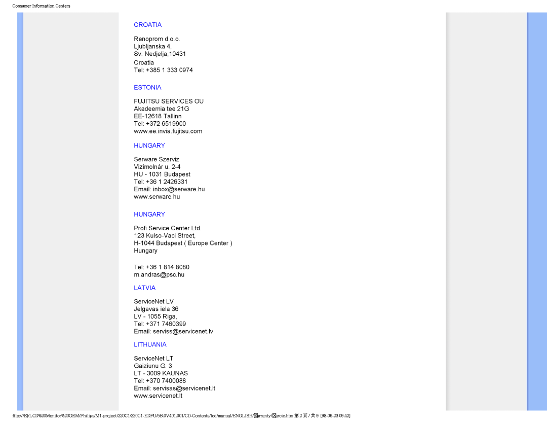 Philips 220C1SW/00 user manual Croatia, Estonia, Hungary, Latvia, Lithuania 