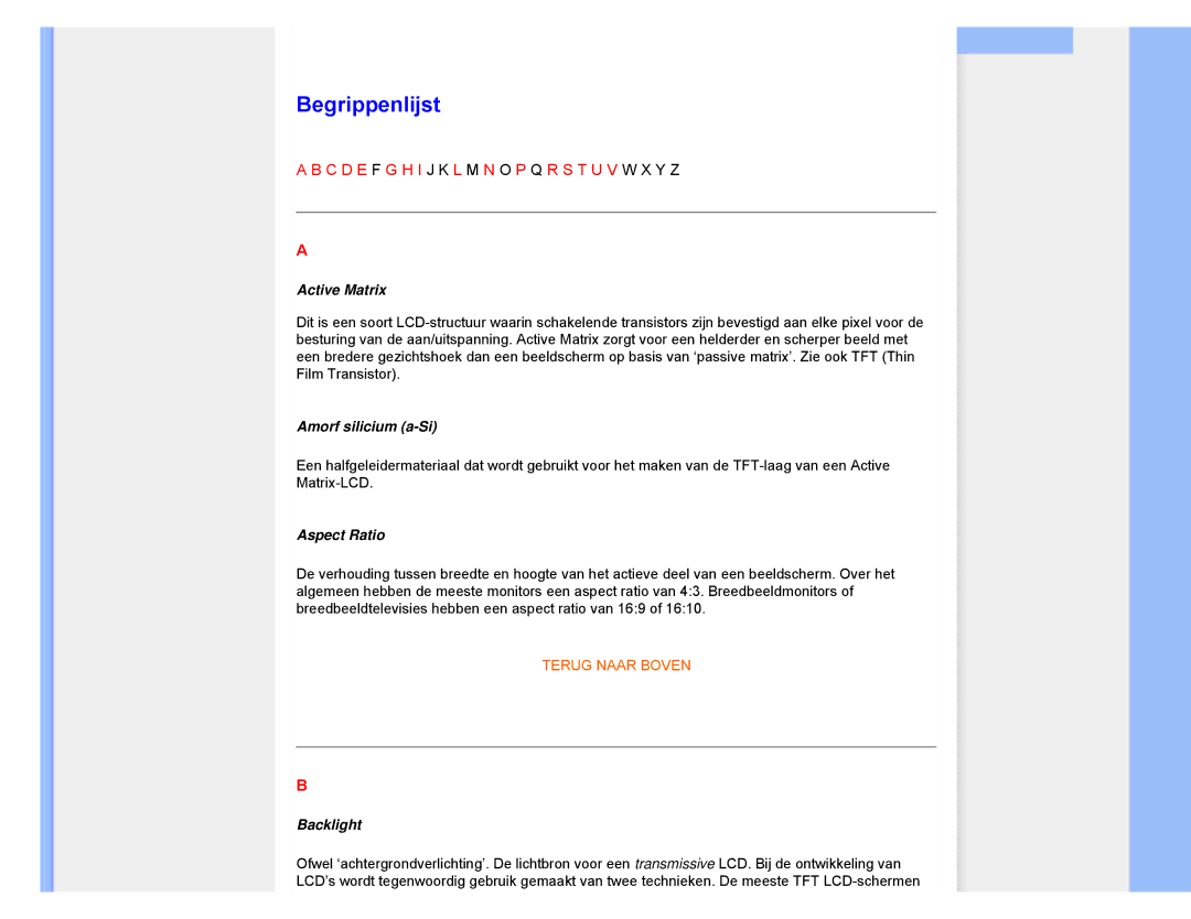 Philips 220CW8 user manual Begrippenlijst, Active Matrix, Amorf silicium a-Si, Aspect Ratio, Backlight 