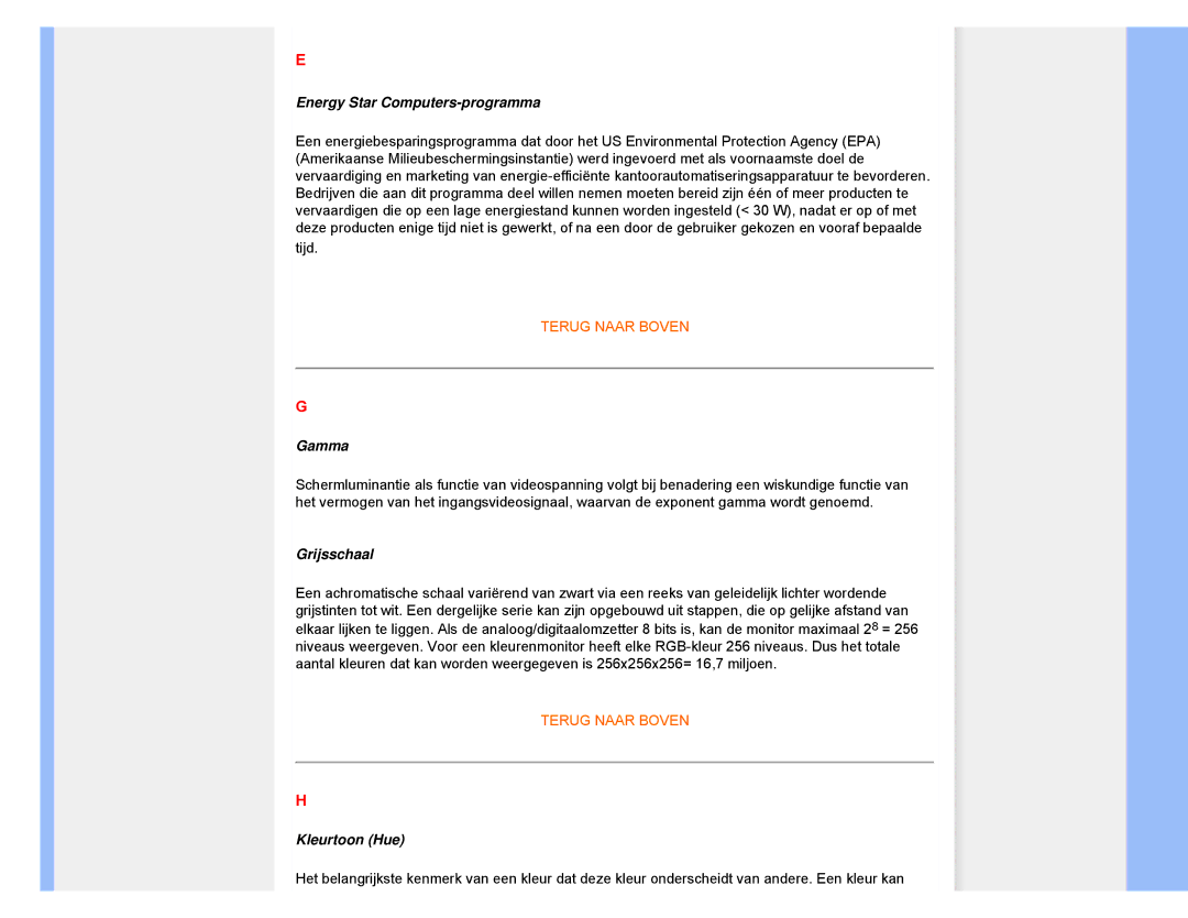 Philips 220CW8 user manual Energy Star Computers-programma, Gamma, Grijsschaal, Kleurtoon Hue 