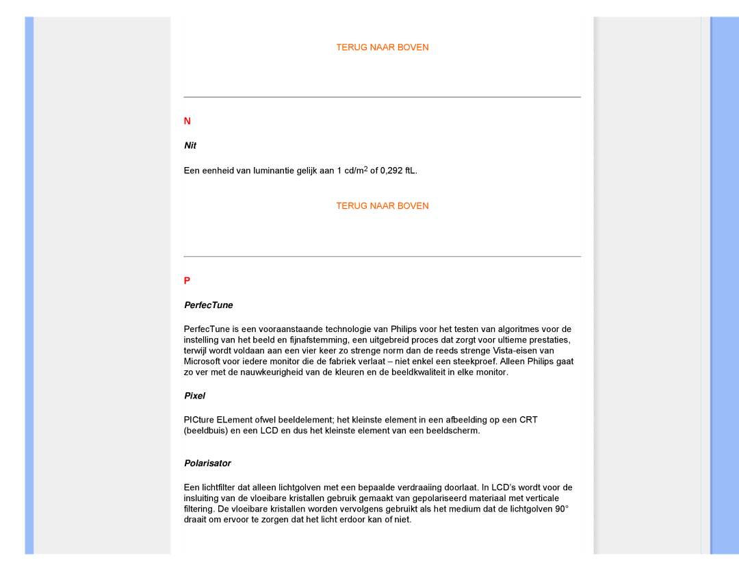 Philips 220CW8 user manual Nit, PerfecTune, Pixel, Polarisator 