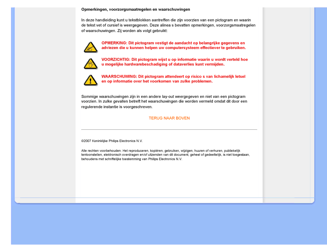 Philips 220CW8 user manual Opmerkingen, voorzorgsmaatregelen en waarschuwingen, Koninklijke Philips Electronics N.V 