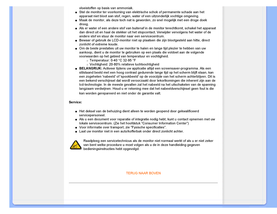 Philips 220CW8 user manual Vloeistoffen op basis van ammoniak, Service 