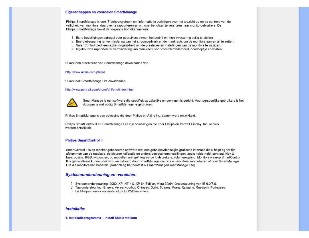 Philips 220CW8 user manual Eigenschappen en voordelen SmartManage, Installatieprogramma Install Shield welkom 