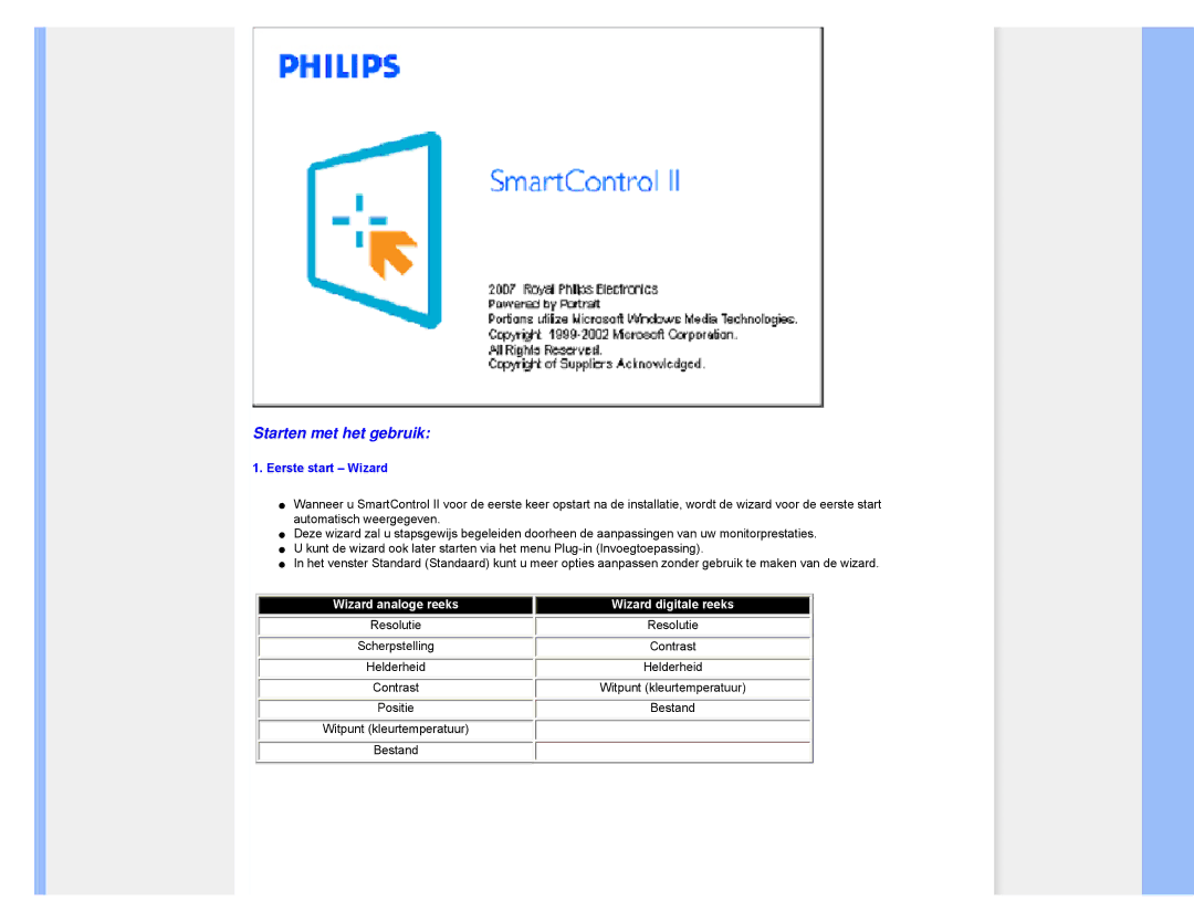 Philips 220CW8 user manual Starten met het gebruik, Eerste start Wizard 