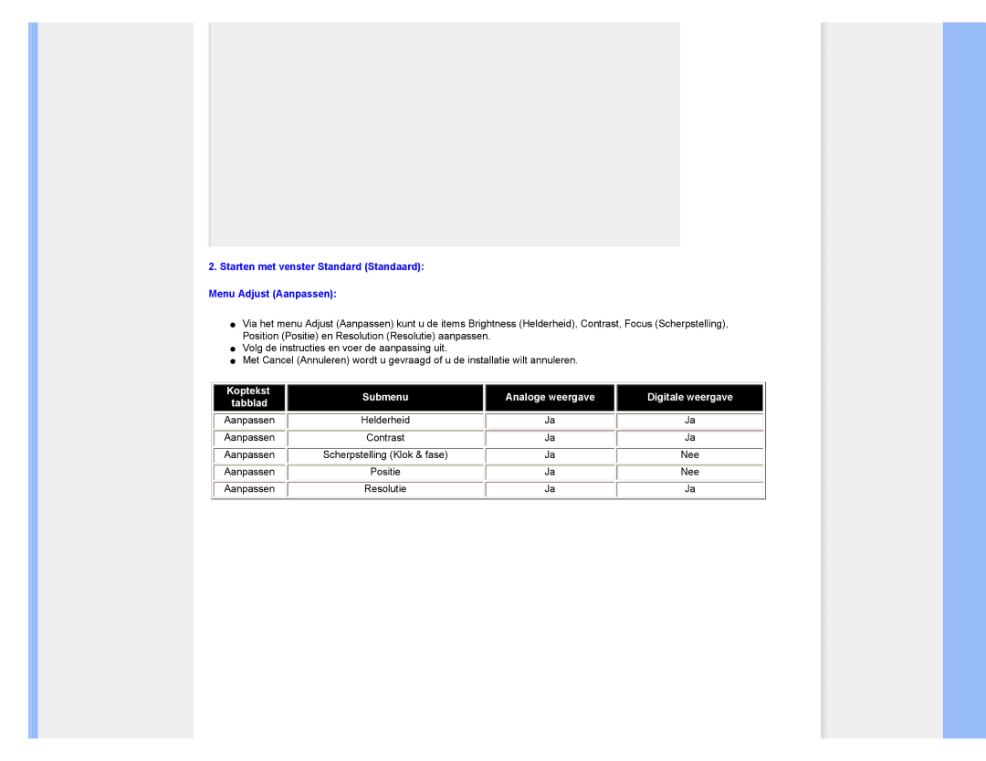 Philips 220CW8 user manual Starten met venster Standard Standaard Menu Adjust Aanpassen 