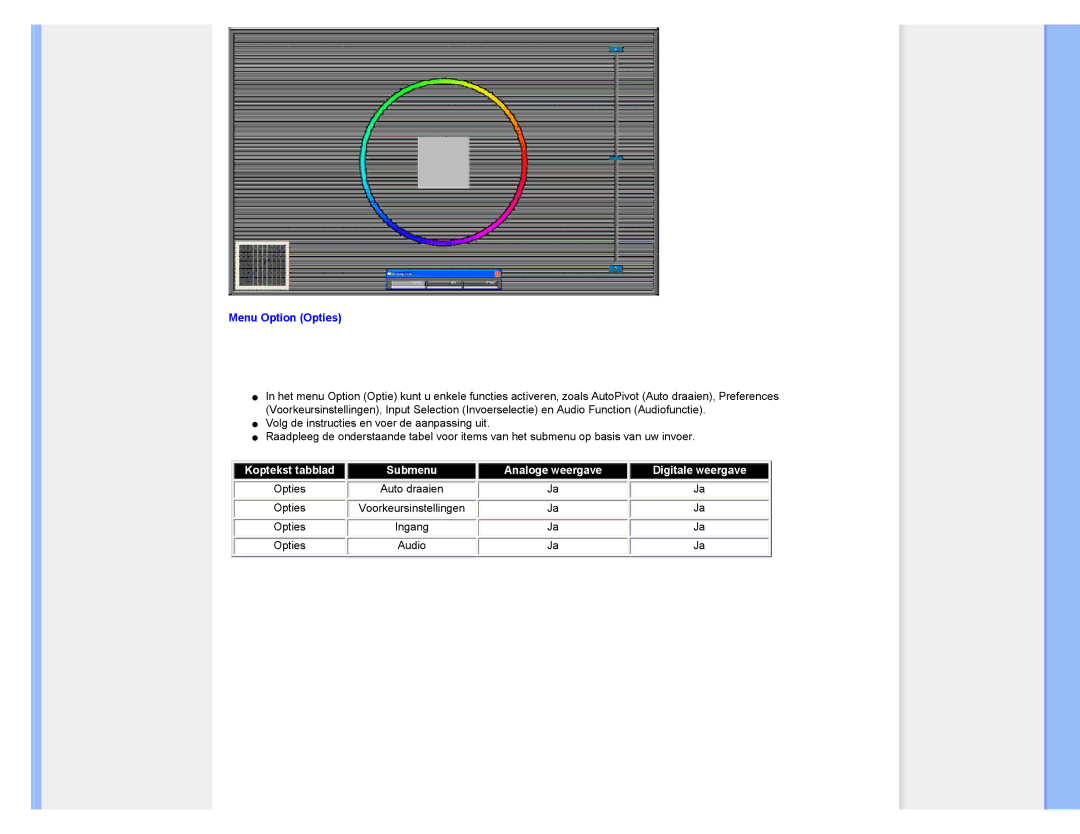 Philips 220CW8 user manual Menu Option Opties 