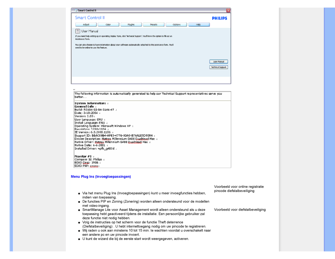 Philips 220CW8 user manual Menu Plug Ins Invoegtoepassingen 