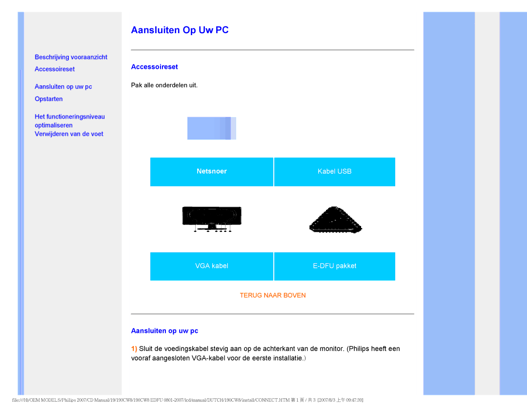 Philips 220CW8 user manual Aansluiten Op Uw PC, Accessoireset, Aansluiten op uw pc 