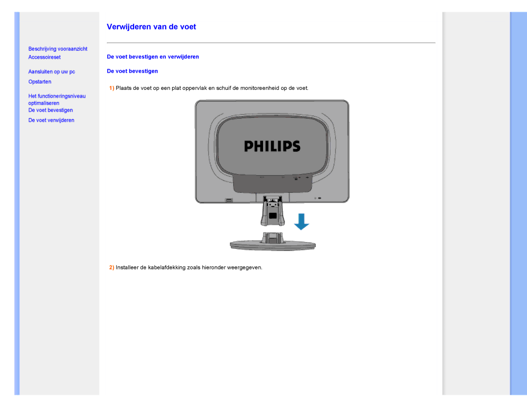 Philips 220CW8 user manual Verwijderen van de voet, De voet bevestigen en verwijderen 