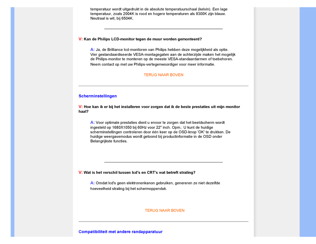 Philips 220CW8 user manual Scherminstellingen, Compatibiliteit met andere randapparatuur 