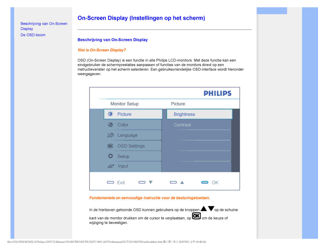 Philips 220CW8 user manual On-Screen Display Instellingen op het scherm, Beschrijving van On-Screen Display 