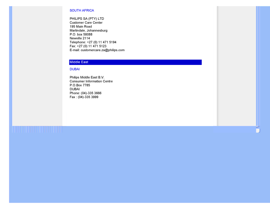 Philips 220CW8 user manual South Africa, Dubai 