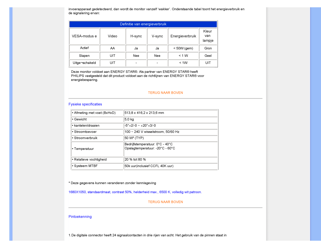 Philips 220CW8 user manual Definitie van energieverbruik, Fysieke specificaties, Pintoekenning, Terug Naar Boven 