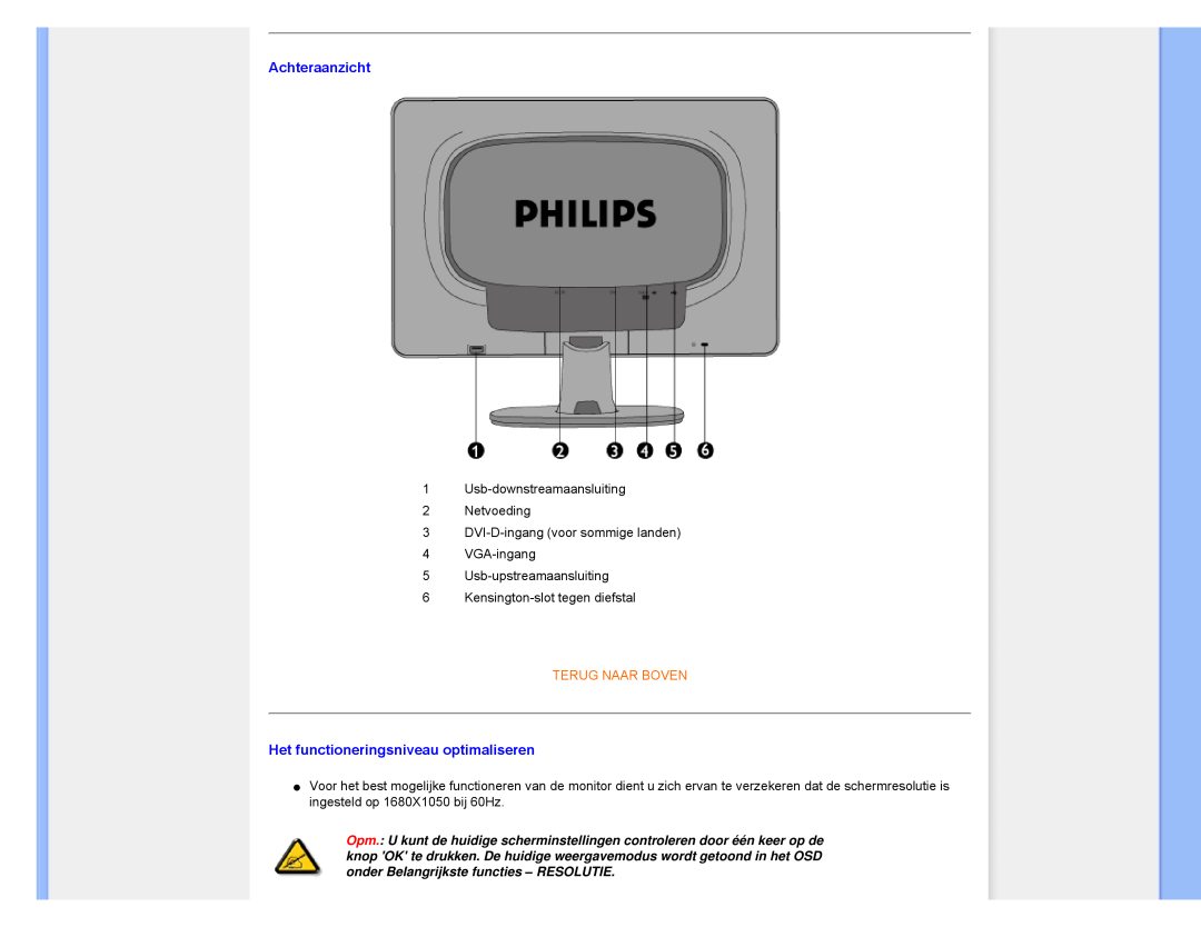 Philips 220CW8 user manual Achteraanzicht, Terug Naar Boven, Het functioneringsniveau optimaliseren 