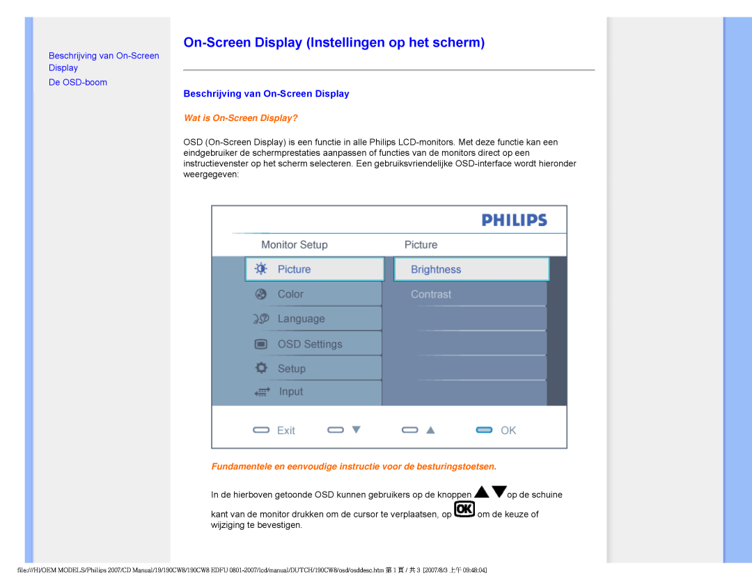 Philips 220CW On-ScreenDisplay Instellingen op het scherm, Beschrijving van On-ScreenDisplay, Wat is On-ScreenDisplay? 