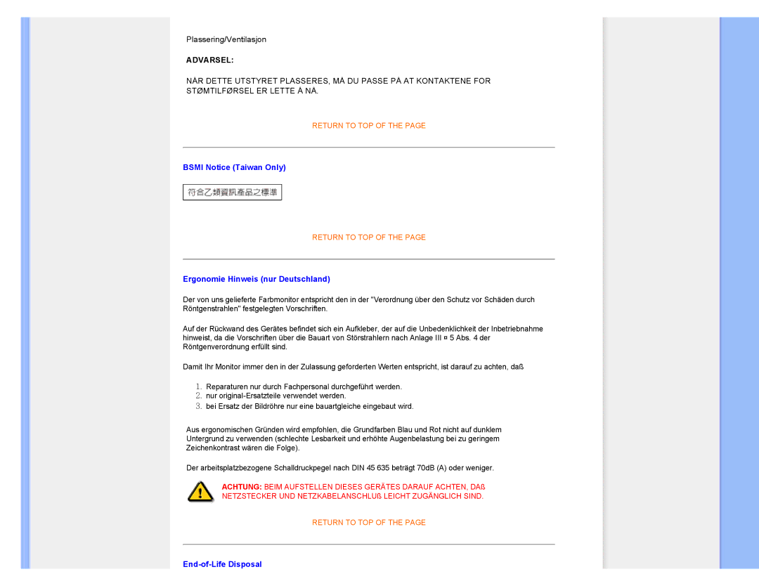 Philips 220CW8 user manual Bsmi Notice Taiwan Only, Ergonomie Hinweis nur Deutschland, End-of-Life Disposal 